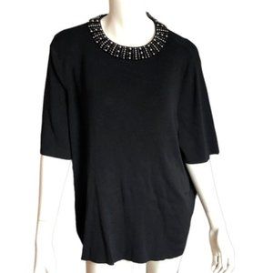 Talbots Plus short sleeve black knit top with beautiful beaded collar Size 2X